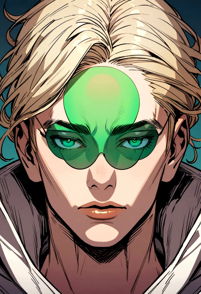 A clean shaven man with short blonde hair wearing circle tinted glasses