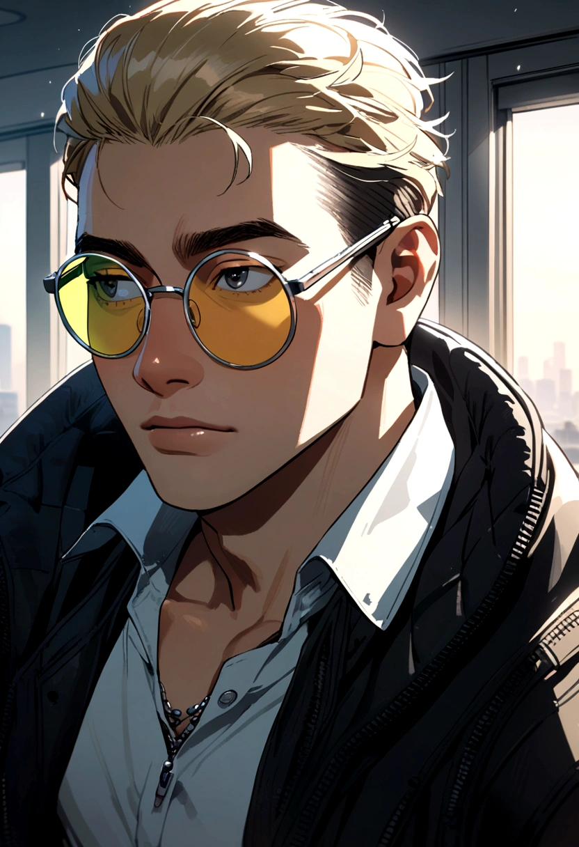 A clean shaven man with short blonde hair wearing circle tinted glasses