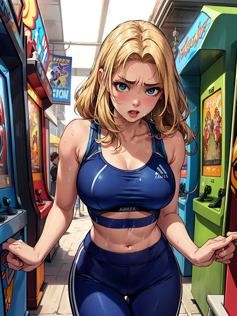 最high quality、best image quality、masterpiece、age girl((20-year-old、 By becoming、vest bust、medium bust,wide open breast tea、black eye, blonde hair、long hair、thin,highest valley、blue sports bra(1:2)、Blue sports pants、sweating、scattering of sweat、Flushed body、- And--Uppose、sexy)),high quality、beautiful art、background((arcade))debris flies、Depth of written boundary、movie、visual art、perfect art、8k,genuine、 sultry look, seductive,