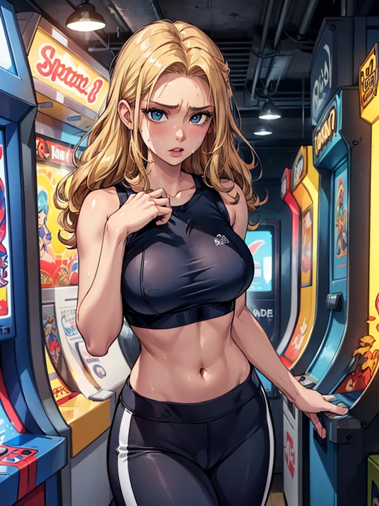 最high quality、best image quality、masterpiece、age girl((20-year-old、 By becoming、vest bust、medium bust,wide open breast tea、black eye, blonde hair、long hair、thin,highest valley、blue sports bra(1:2)、Blue sports pants、sweating、scattering of sweat、Flushed body、- And--Uppose、sexy)),high quality、beautiful art、background((arcade))debris flies、Depth of written boundary、movie、visual art、perfect art、8k,genuine、 sultry look, seductive,