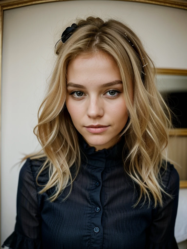 Le portrait réaliste d'une jeune femme..
Elle a des long cheveux blonds.
Elle est belle et possède des lèvres pulpeuses.