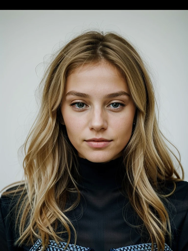 Le portrait réaliste d'une jeune femme.. 
Elle a des long cheveux blonds.
Elle est belle et possède des lèvres pulpeuses.