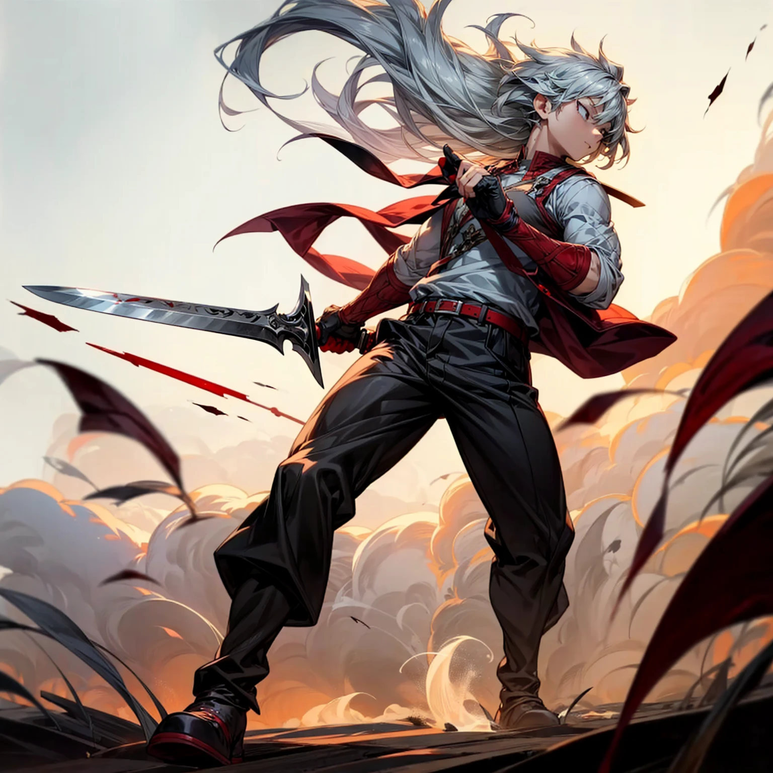 1boy, Full body version, 1character, black eyes color, milk skin, long hairstyle, monolod eyes type, silver colour hair, muscle, Farmer villager clothing style, red color clothing, black pants, white scraf, Ancient roman boots, vest armors, knife in two hand, Grassroots background in field villager, motion blur, battle gesture, lighting morning, sunlight, smoke, plasma, bloody background, fire, lighting knife 