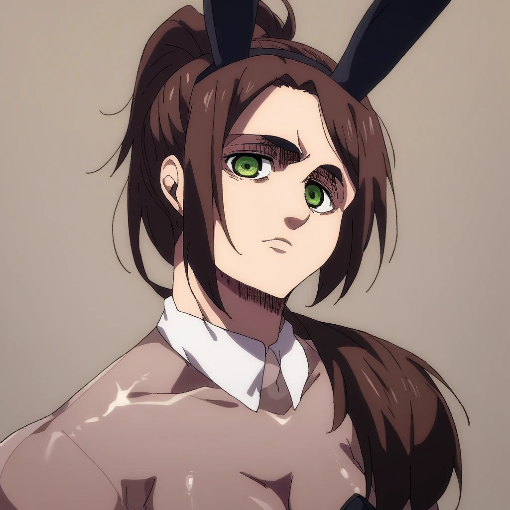 shingeki_no_kyojin_s4_style, portrait, solo,  bodysuit,,score_9, score_8, score_7, source_anime, 1girl, transpbun, high heels brown background, simple background, see-through bunnysuit, source_explicit, , long ponytail, brown hair, bunny ears,  , green eyes, 