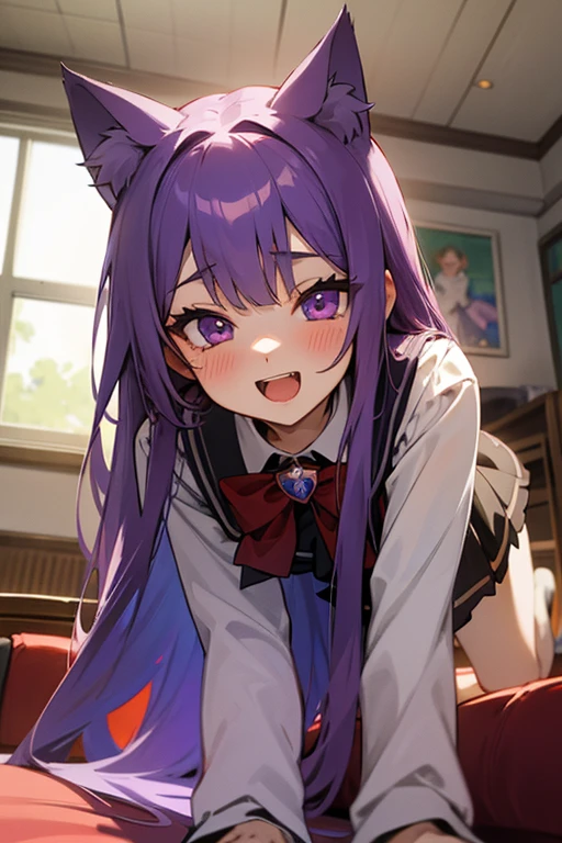 One girl，（（There is a five-pointed star in the eye））Gorgeous Long Purple Hair，smile，Open your mouth，ＪＫ ，Blush Lash，Cat ear，sofa，classroom，classroomの机，On all fours，White Stockingake your face bright red