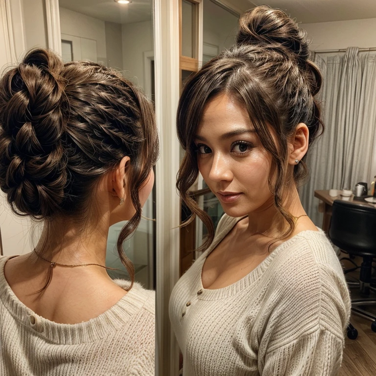 a beautiful 35-year-old woman, her hair done up in a "Twin Tails" style