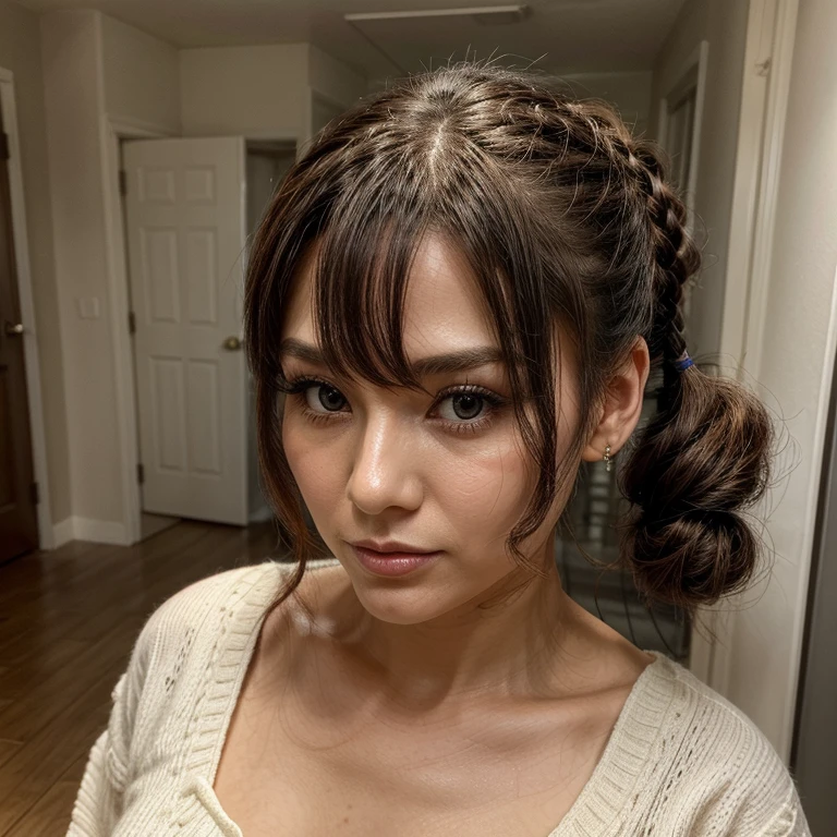 a beautiful 35-year-old woman, her hair done up in a "Twin Tails" style