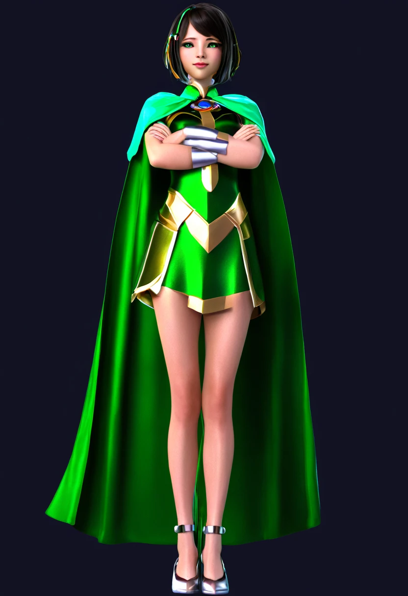 masterpiece, best quality, 1girl, solo, nahida_genshin, cross-shaped pupils, default_dress, green cape, standing, black background, 3D, CGI render, Nahida, full body