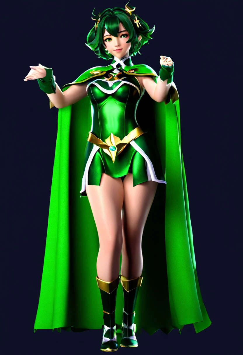 masterpiece, best quality, 1girl, solo, nahida_genshin, cross-shaped pupils, default_dress, green cape, standing, black background, 3D, CGI render, Nahida, full body