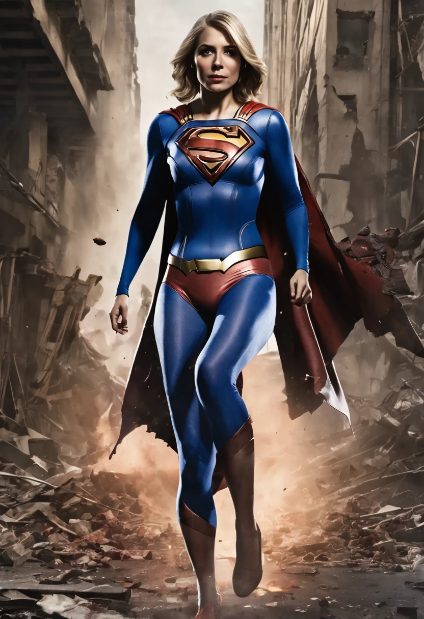 highest quality, masterpiece, supergirl bodysuit, horrified, wounds on chest, wounds on belly, bleeding, rolled eyes, laying on ground, blue suit, Superman logo on chest, ((Torn costume)), ((Tearing of clothes)), (tattered clothes), ((bruises on body)), scars on body, wounds on body, injury face and body, a devastated world, ruins, abandoned building, ((roasted over fire：1.2))