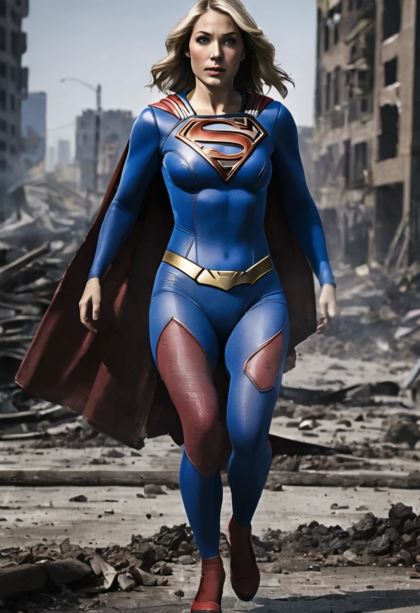 highest quality, masterpiece, supergirl bodysuit, horrified, wounds on chest, wounds on belly, bleeding, rolled eyes, laying on ground, blue suit, Superman logo on chest, ((Torn costume)), ((Tearing of clothes)), (tattered clothes), ((bruises on body)), scars on body, wounds on body, injury face and body, a devastated world, ruins, abandoned building, ((roasted over fire：1.2))