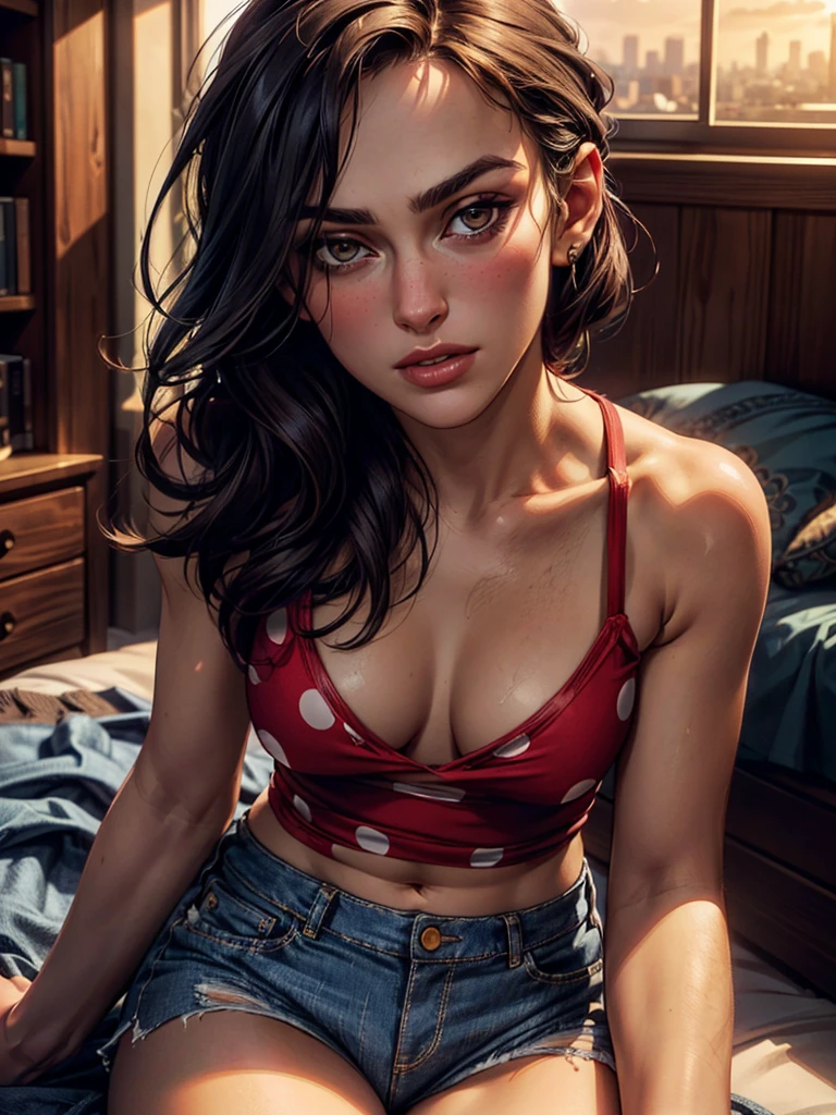 photo of Keira Knightley, RAW, beautiful woman, ((portrait)), ((detailed face:1.2)), ((detailed facial feature, detailed skin, clear skin), (perfect proportioned body, medium breasts), ((wearing red polka dot half shirt and cut-off daisy duke jean shorts that are unbuttoned, no underwear)) (high detailed city environment, apartment balcony), (realistic photo, best quality, detailed), (8k wallpaper), (cinematic lighting, dramatic lighting) (sharp focus, intricate), sultry look, seductive,