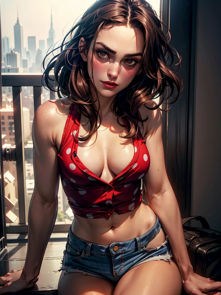 photo of Keira Knightley, RAW, beautiful woman, ((portrait)), ((detailed face:1.2)), ((detailed facial feature, detailed skin, clear skin), (perfect proportioned body, medium breasts), ((wearing red polka dot half shirt and cut-off daisy duke jean shorts that are unbuttoned, no underwear)) (high detailed city environment, apartment balcony), (realistic photo, best quality, detailed), (8k wallpaper), (cinematic lighting, dramatic lighting) (sharp focus, intricate), sultry look, seductive,
