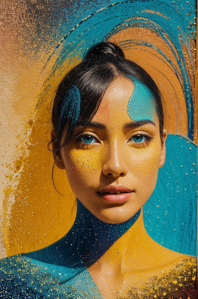 A portrait constructed from intricately arranged dotted paints on a textured canvas, blending impressionism with pointillism, exuding an air of whimsy and surrealism, with delicate droplets of color forming delicate facial features, a cinematic quality pervading the piece, bathed in a soft, warm golden light, vibrant hues of turquoise, coral, and sunshine yellow pop against a rich, velvety dark blue background, evoking a sense of modern artistry and innovation, the dotted textures inviting the viewer to explore the abstract realm.