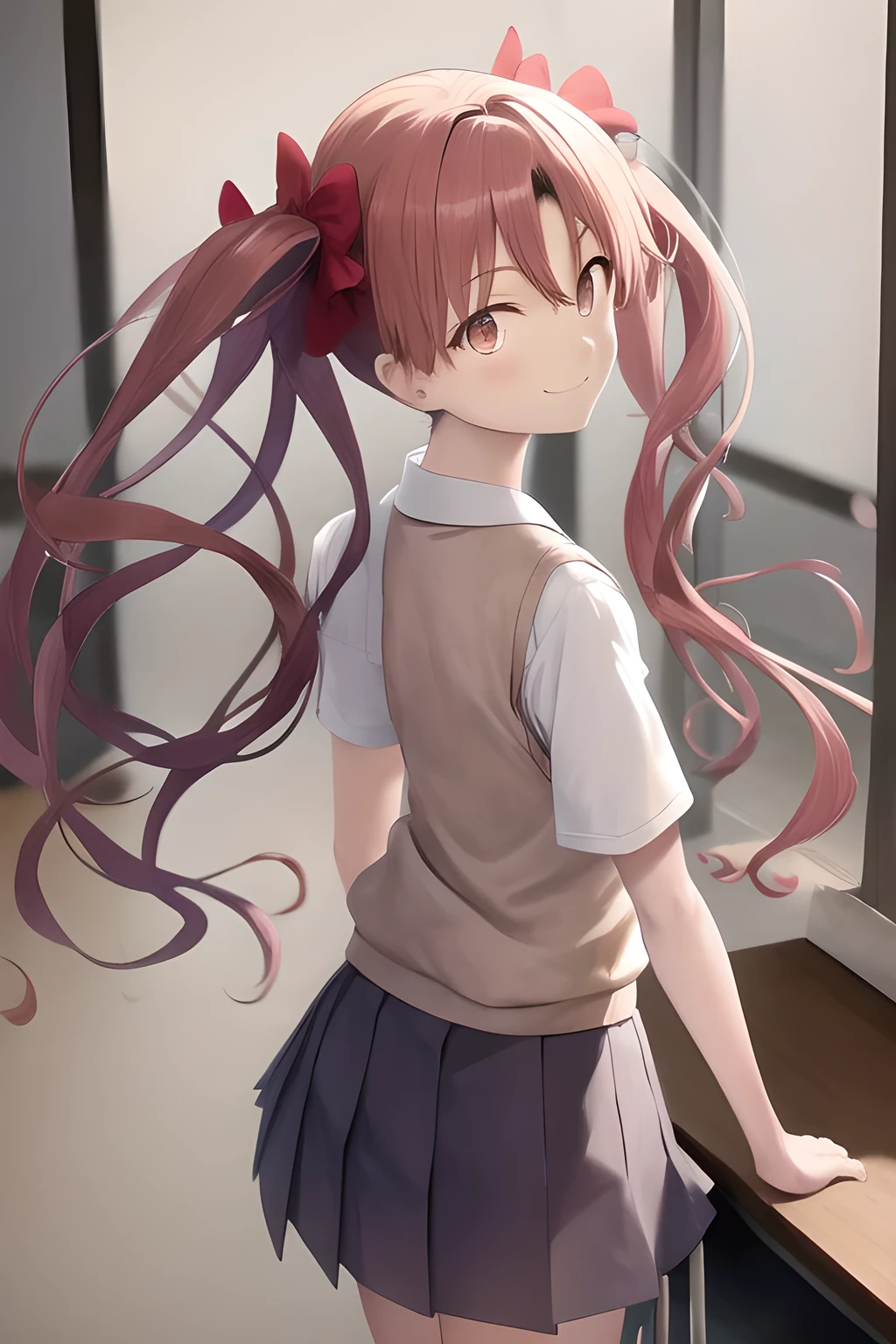 Twin Tails, shirai kuroko, tokiwadai , at school, gentle smile, from behind, looking backwards and at the viewer., masterpiece, best quality, very aesthetic, absurdres,