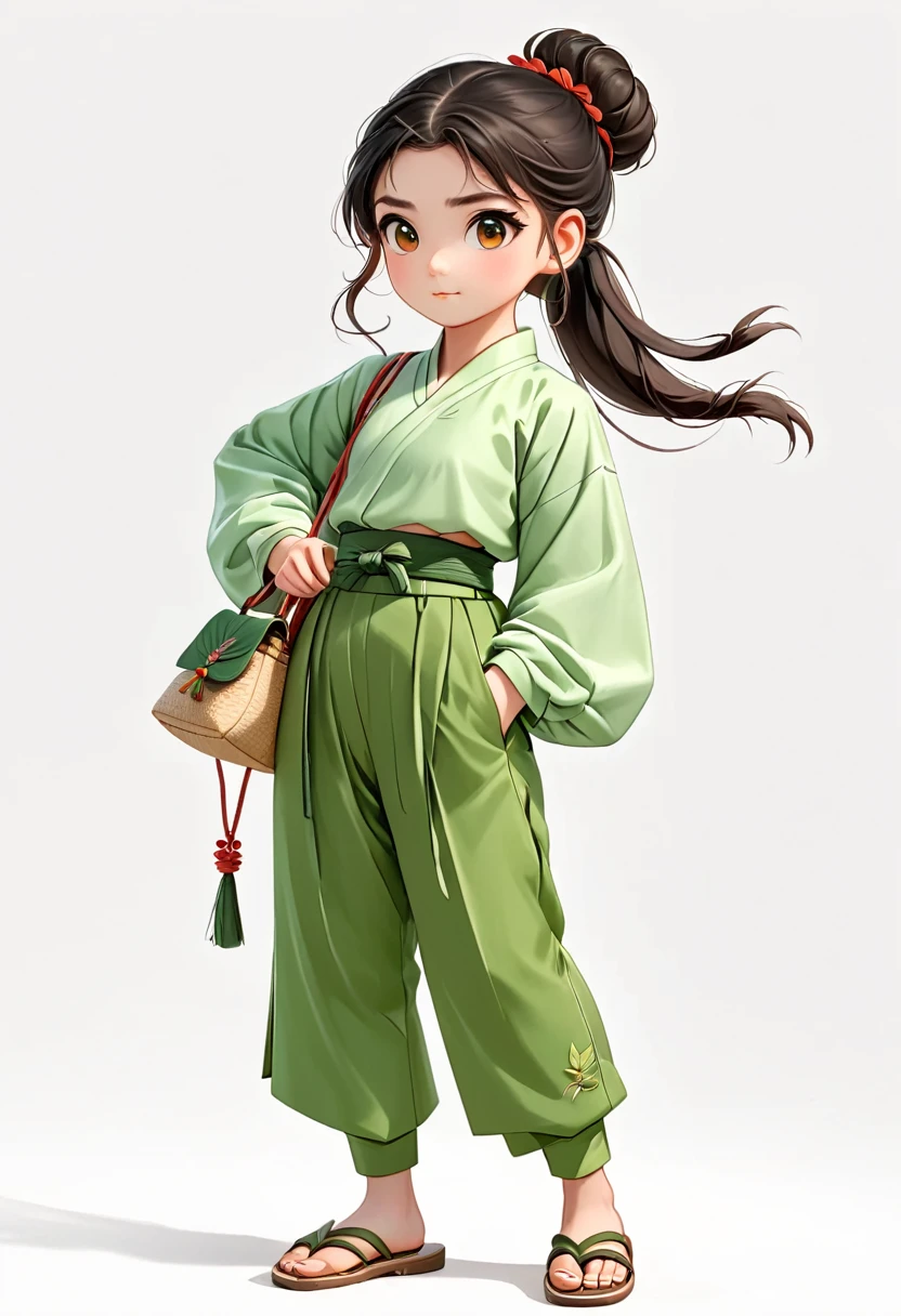 3d， Red Cliff, 1 Girl, Black Hair, Long sleeve, Hair Bun, White background, Ponytail, Simple background, Keep, permanent, Bag, blush, turn around, Brown eyes, Hairpin, Pants, Hair accessories, green Pants, Hanfu, sandals, leaf,