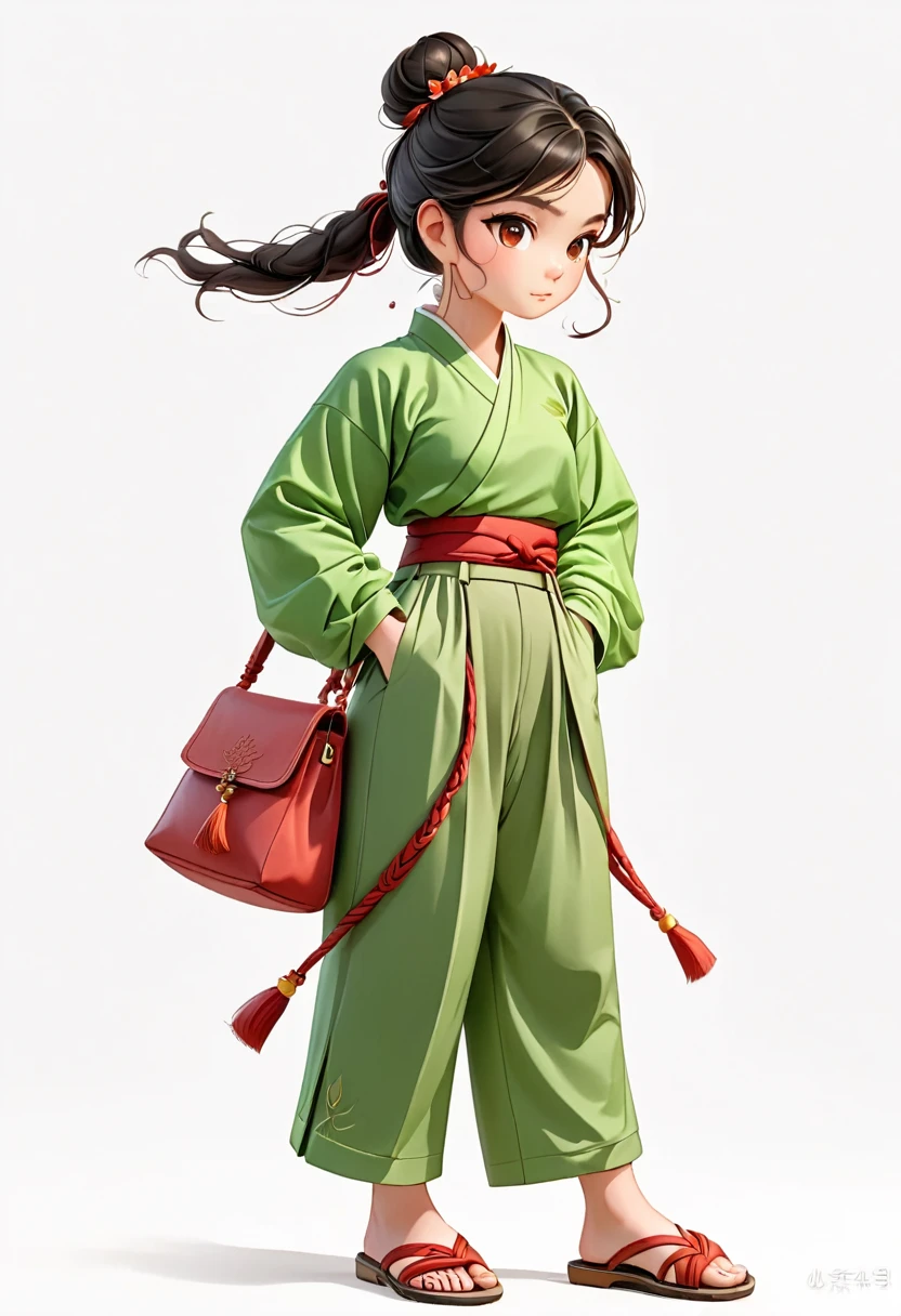 3d, Red Cliff, 1 Girl, Black Hair, Long sleeve, Hair Bun, White background, Ponytail, Simple background, Keep, permanent, Bag, blush, turn around, Brown eyes, Hairpin, Pants, Hair accessories, green Pants, Hanfu, sandals, leaf,