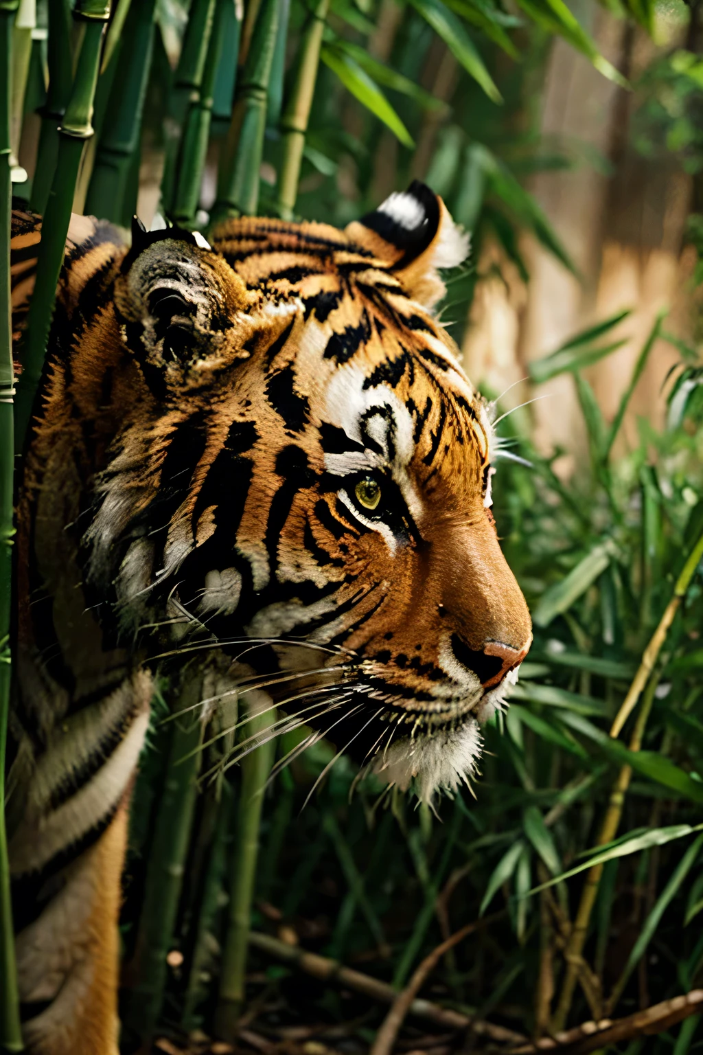 tiger sneaks in bamboo thickets, aesthetically pleasing, beautiful, realistic, close-up, professional photo, 4k, high resolution, high detail, soft lighting