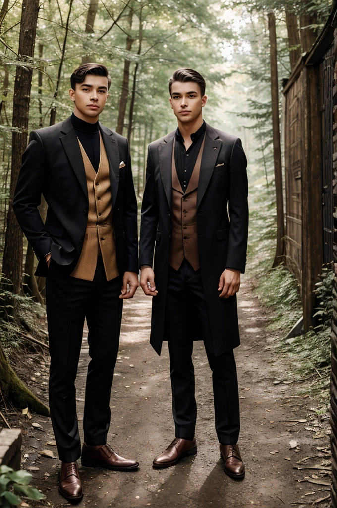 A young man and an traditional man are standing in an alley in the forest