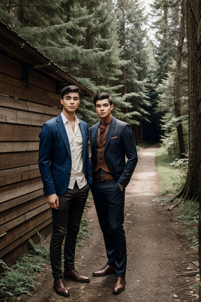 A young man and an traditional man are standing in an alley in the forest