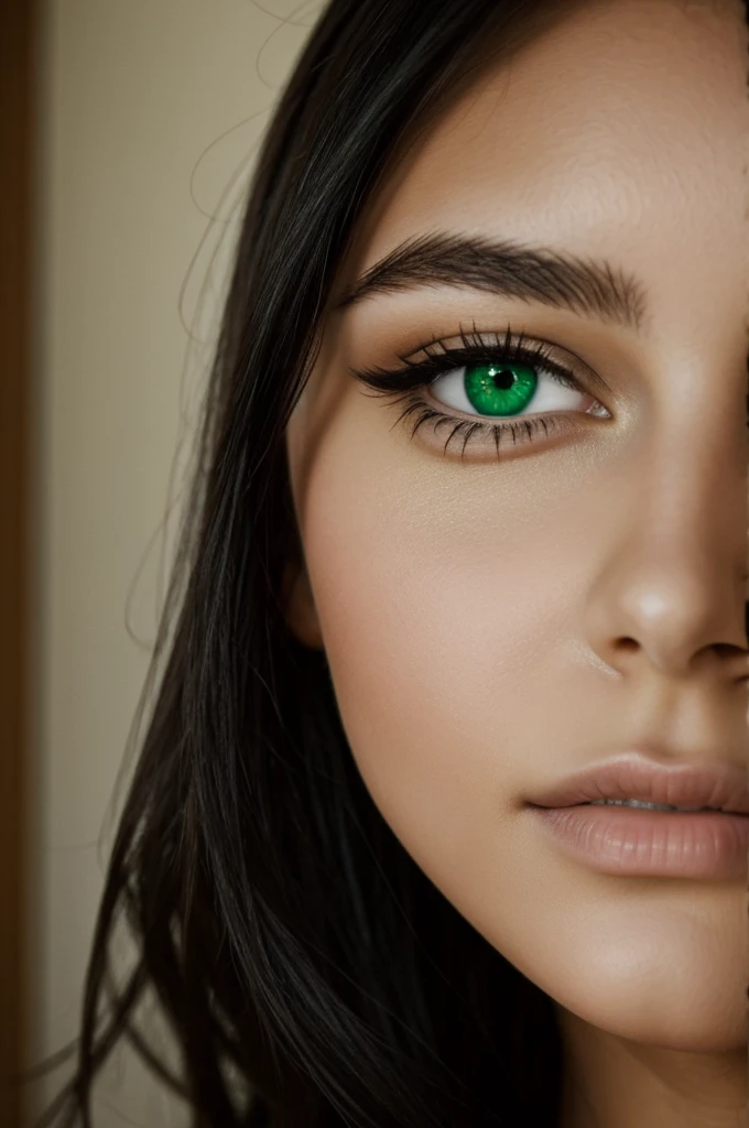 Teenage girl, sexy, green eyes, outlined, black hair, Semi-wide,