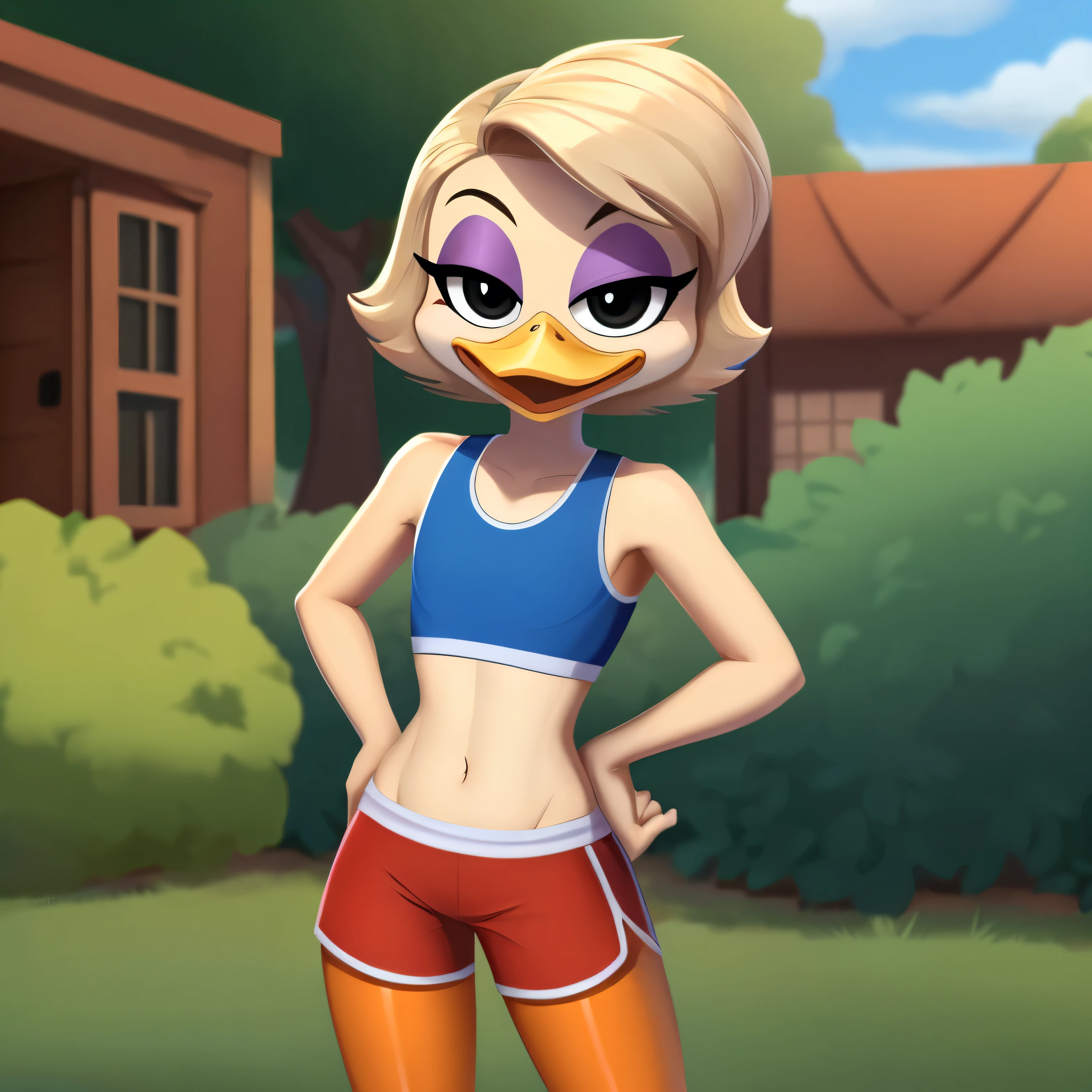 Allie Stoey Duck, female, tan hairstyle, (orange legs: 1.2), duck, (wears blue sports bra), (wears red shorts), happy, white skin, purple eyeshadow, black eyes, scut tail, hands on hip, (flat chested), skinny torso, ducktales, eyeliner, beak, standing, solo:1.2, duck, beak, eyeliner, black eyes, (outside), (looking at viewer), (showing her torso), (lovable attitude), (acting silly)