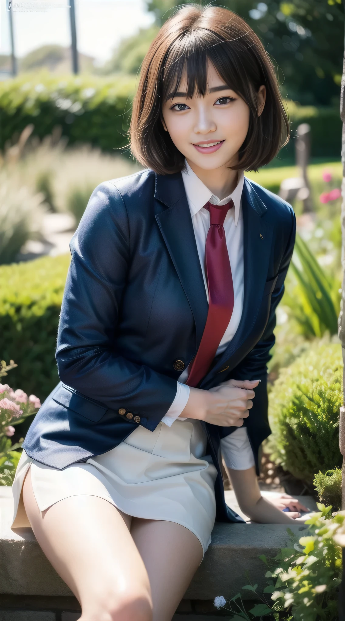 1 Girl, (White collared shirt and long red tie, Navy blue jacket:1.3), Very beautiful Japanese idol portraits, (RAW Photos, Highest quality), (Realistic, Photorealistic:1.4), (masterpiece), Very delicate and beautiful, Very detailed, 2k wallpaper, wonderful, finely, Very detailed CG Unity 8K 壁紙, Very detailedな, High resolution, Soft Light, Beautiful detailed girl, Very detailed目と顔, Beautiful and detailed nose, Finely beautiful eyes, Cinema Lighting, (in the garden:1.3), (short hair), (Parted bangs), Complete Anatomy, Slender body, Small breasts, smile