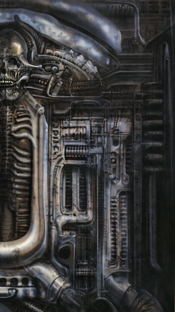 The image is a detailed view of H.R. Giger's biomechanical tableau \" Landscape XVI \" plate, featuring.
(airbrush painting, Giger's alien in front of broken alien ship in landscape, natural light, sharp focus, illustration, highly detailed, digital painting, concept art, matte, art by gric and kozhanov and moebius and Alphonse Mucha, masterpiece, HDR ,UHD , uplight, in HRGigerArhP style);1.
surrealistic painting of a monster with multiple tentacles and a body that looks like a brain, surrounded by a chaotic scene of swirling clouds and other monsters
It's a complex network of bones and organs in eldritch color scheme:a greenish-brown hue ,swirling gery and brown colors. The artwork is silverish and green brown, with an ivory bones prominently displayed. The image is highly detailed and intricate, almost like a 3d version of a medical sketchwork.
The piece is a tableau, most likely created with a India ink pen or pencil on paper, determined by the thin lines, shading techniques, and the texture of the paper, which is visible around the edges.
Used is pen, given the shading and variations in line weight visible in the image. Artist have used a variety of stylus with different degrees of hardness to achieve the shading effects.
The use of undersaturated green-grays dark contrasts creates a stark and graphic look. Is used a variety of linework techniques to create different textures. Fine, parallel lines create a smooth, metallic texture,while thicker, more cursive lines suggest cables or wires.
Light source from the top highlights skeletals, pper part of foreground, lower part of image is in shadowupper part of foreground, lower part of image is in shadow.
The art performance showcases the artist’s skills in observation and rendering. The level of detail in the piece suggests a close study of real bone specimens and mechanics. The artist has skillfully used shading techniques to create a convincing illusion of three-dimensionality on a flat surface. The wrinkles