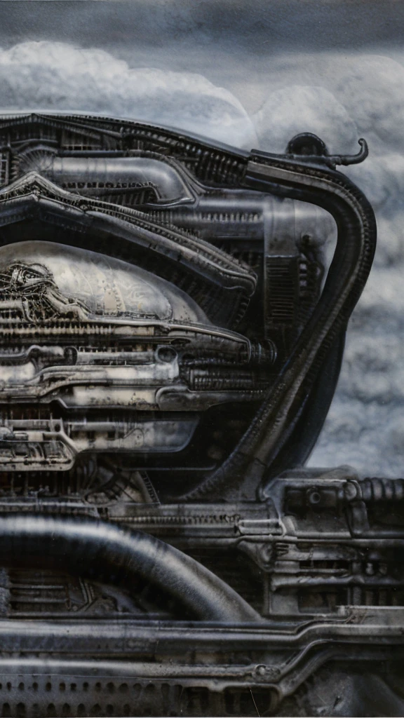 The image is a detailed view of H.R. Giger's biomechanical tableau \" Landscape XVI \" plate, featuring.
(airbrush painting, Giger's alien in front of broken alien ship in landscape, natural light, sharp focus, illustration, highly detailed, digital painting, concept art, matte, art by gric and kozhanov and moebius and Alphonse Mucha, masterpiece, HDR ,UHD , uplight, in HRGigerArhP style);1.
surrealistic painting of a monster with multiple tentacles and a body that looks like a brain, surrounded by a chaotic scene of swirling clouds and other monsters
It's a complex network of bones and organs in eldritch color scheme:a greenish-brown hue ,swirling gery and brown colors. The artwork is silverish and green brown, with an ivory bones prominently displayed. The image is highly detailed and intricate, almost like a 3d version of a medical sketchwork.
The piece is a tableau, most likely created with a India ink pen or pencil on paper, determined by the thin lines, shading techniques, and the texture of the paper, which is visible around the edges.
Used is pen, given the shading and variations in line weight visible in the image. Artist have used a variety of stylus with different degrees of hardness to achieve the shading effects.
The use of undersaturated green-grays dark contrasts creates a stark and graphic look. Is used a variety of linework techniques to create different textures. Fine, parallel lines create a smooth, metallic texture,while thicker, more cursive lines suggest cables or wires.
Light source from the top highlights skeletals, pper part of foreground, lower part of image is in shadowupper part of foreground, lower part of image is in shadow.
The art performance showcases the artist’s skills in observation and rendering. The level of detail in the piece suggests a close study of real bone specimens and mechanics. The artist has skillfully used shading techniques to create a convincing illusion of three-dimensionality on a flat surface. The wrinkles
