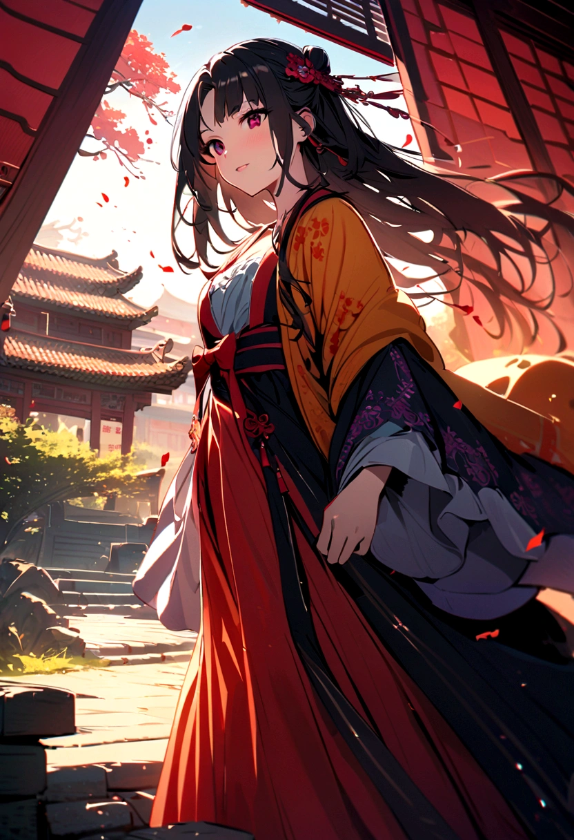 A beautiful girl ,Put on gorgeous Hanfu, Double tail, Chinese Architecture, landscape