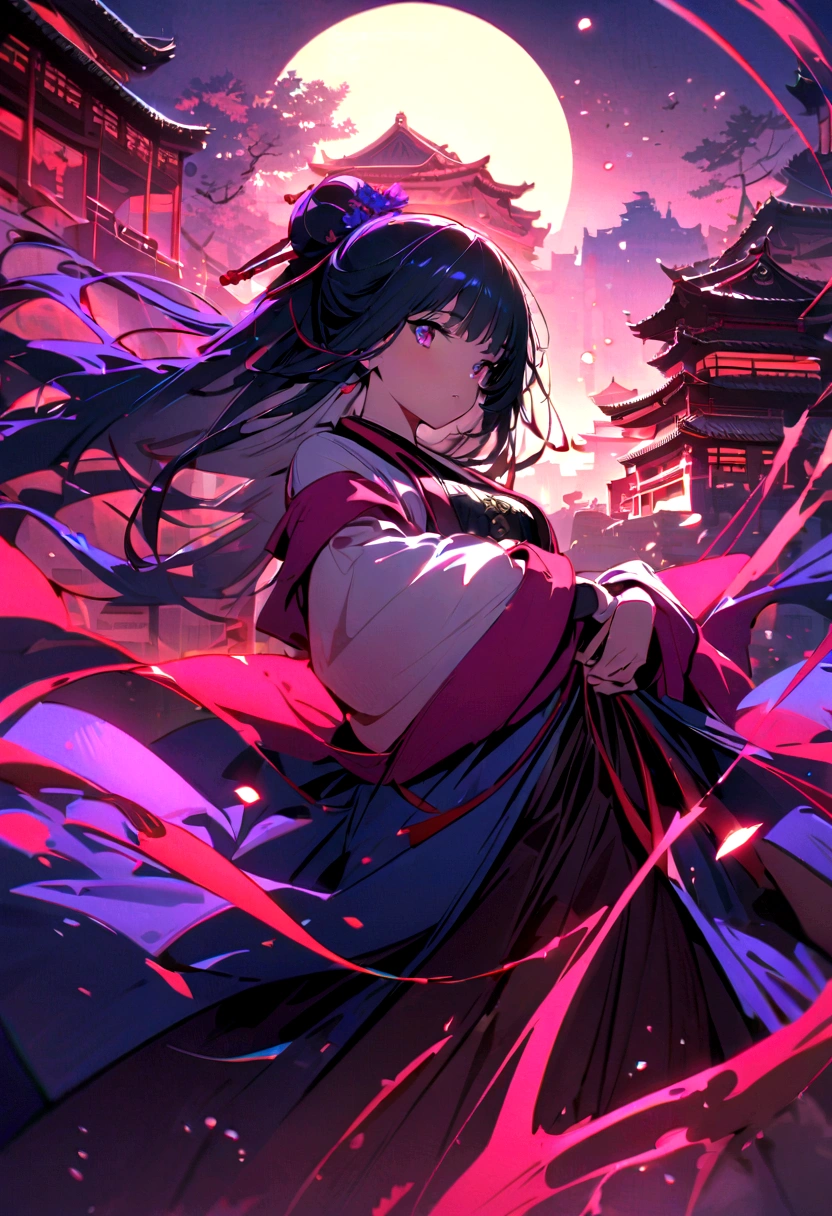 A beautiful girl ,Put on gorgeous Hanfu, Double tail, Chinese Architecture, landscape