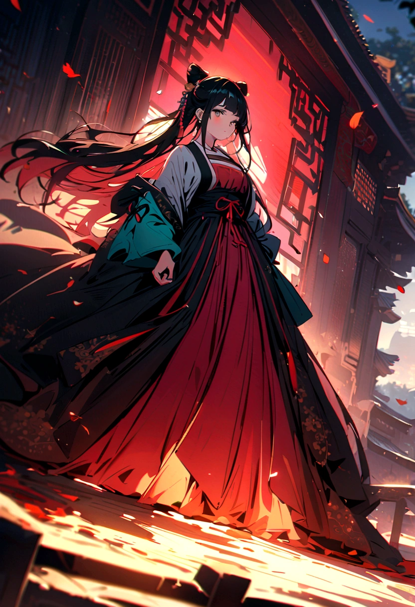 A beautiful girl ,Put on gorgeous Hanfu, Double tail, Chinese Architecture, landscape
