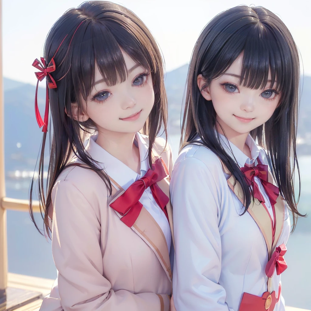 ((8K, RAW Photos, Highest quality, masterpiece), High-resolution RAW color photos、
Professional close-up photography, (Realistic, Photorealism: 1.37),
(Highest quality), (Best Shadow), (Best illustrations),(Facing forward:1.3)
best quality, masterpiece,
New Year,
Three Japanese high-school cute girls, looking straight,
(gently smiling:1.5),
(Japanese-high-school-blazer-uniform:1.5),
Reddish bow tie, with a school bag,
((too much smile)), very cute, face, head and waist fully visible, (soft eyes:1.2)
upper arms hidden by clothes and hair,(innocent and pure high-school-girls:1.5)
,(The image shows only the upper body:1.7),
(separately side by side:1.4),
(The image shows only the upper body:1.7),
shrine background,(mount Fuji:1.3),
winter(season),(outdoors:1.5)