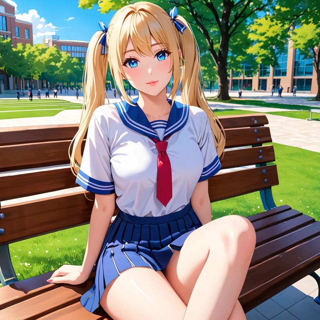 A close-up of a very beautiful college girl with an angelic face and an extremely provocative body sitting on a bench on campus, blond hair, blue eyes, (twin tails), a y mole on the left of the lips, long hair, crossed legs, Pov, masterpiece, The best quality, vivid colors