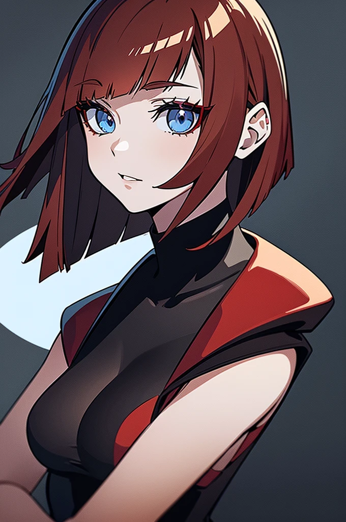 a beautiful girl with red hair wearing a black dress, detailed facial features, bob haircut, full body illustration, woman wearing a long black and red coat, solo character, white background, anime style, highly detailed, photorealistic, 8k, best quality, masterpiece, blue eyes, short hair