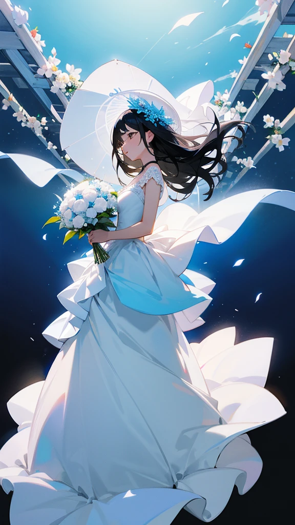 Black hair with blue gradient, white wedding dress, holiday flowers,
Background: sunny, going through a flower bridge