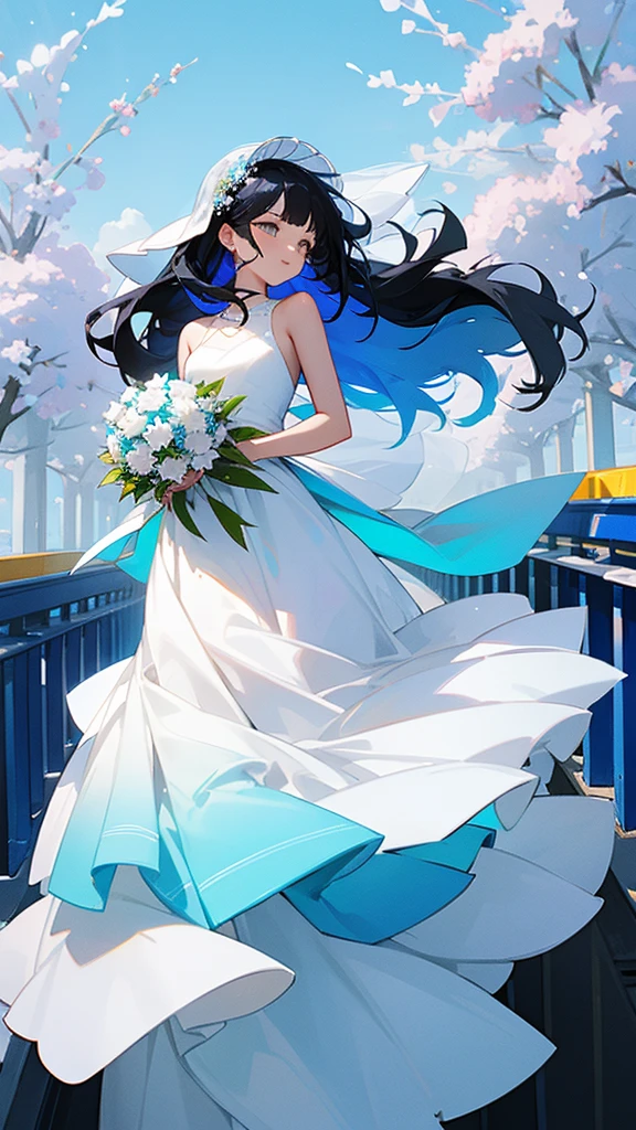 Black hair with blue gradient, white wedding dress, holiday flowers,
Background: sunny, going through a flower bridge
