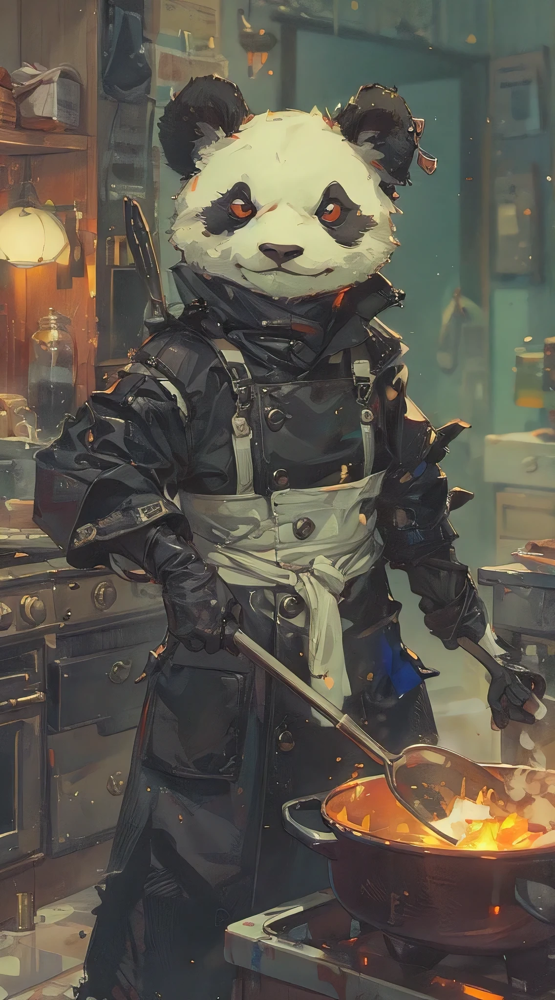 a panda holding a spatula,cooking in the kitchen,smoky atmosphere,clean and tidy background,photorealistic,8k,extremely detailed,highly detailed,realistic lighting,vibrant colors,cinematic composition,masterpiece,studio lighting,physically-based rendering,professional