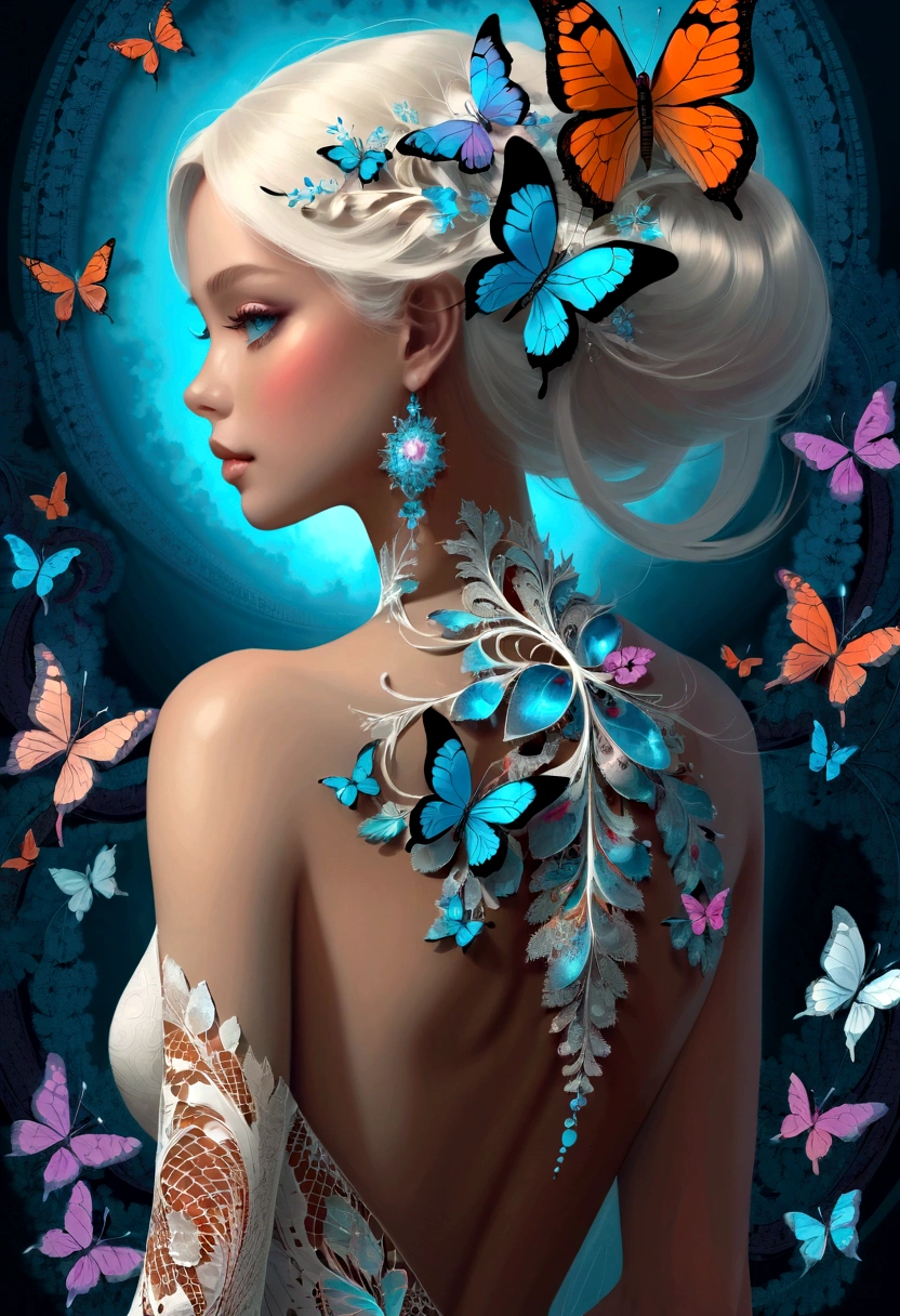 (masterpiece, Top quality, best quality, Official Art, beautiful and aesthetic:1.2), (1 Girl), Double tail, Extremely detailed,(Fractal Art:1.3),rich and colorful,The most detailed,Upper Body, [Lace],[Jewelry],[flower],[[Butterfly]],