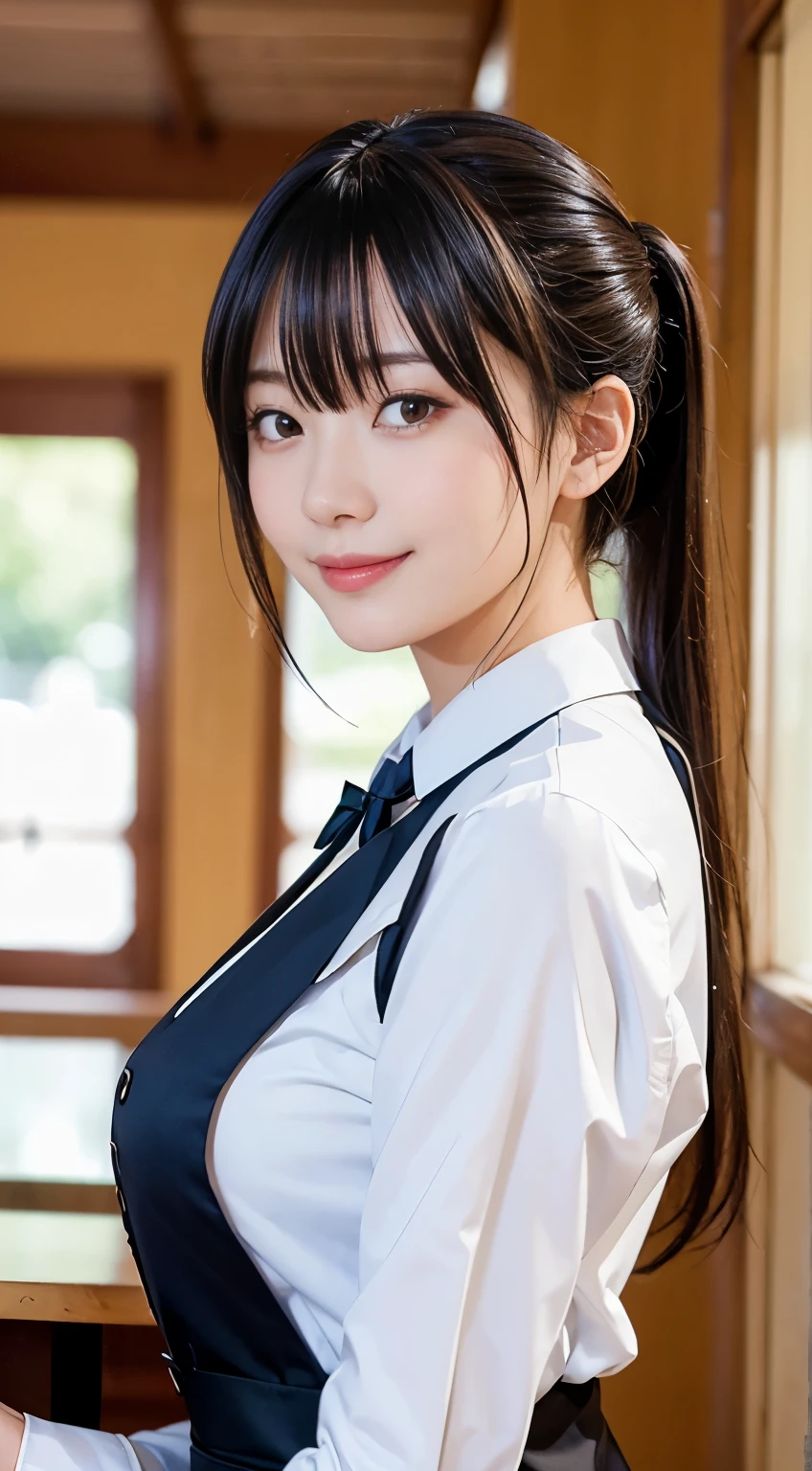 (Highest quality,masterpiece:1.3,Ultra-high resolution,),(Very detailed,Caustics),(Realistic:1.4,RAW shooting,)Ultra-Realistic Capture,Very detailed,High resolution 16k human skin closeup。 Natural skin texture、,pores、、、、It must be detailed enough to be easily identifiable。 Skin tone is even and healthy looking。 Use natural light and color,restaurant,Waitress Uniform,1 girl,Japanese,18-year-old,cute,Black-haired,ponytail,Big Breasts,smile,Turn your body forward,(Front view:1.1),Looking into the camera,Cowboy Shot,