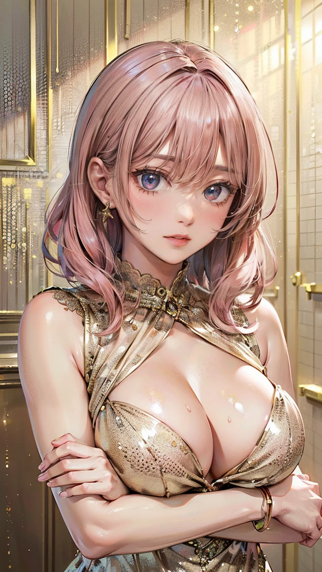 (Masterpiece, BestQuality:1.3), (ultra detailed:1.2), (hyperrealistic:1.3), (RAW photo:1.2), High detail RAW color photo, professional photograph, (Photorealistic:1.4), (realistic:1.4), (Pink Hair:1.5), professional lighting, perfect anatomy, (Big Breasts:1.2), (blush, detailed face), (cheerful Smile:1.5), Trending Hair&Trending Hairカラーをランダムに, earrings, necklace, bracelet, sexly, erotic sexly, Random sexy gravure poses, (Sexy beauty in a champagne gold dress、Gorgeous hall background、Winking Smile、Arms crossed pose、Bold chest:1.3)