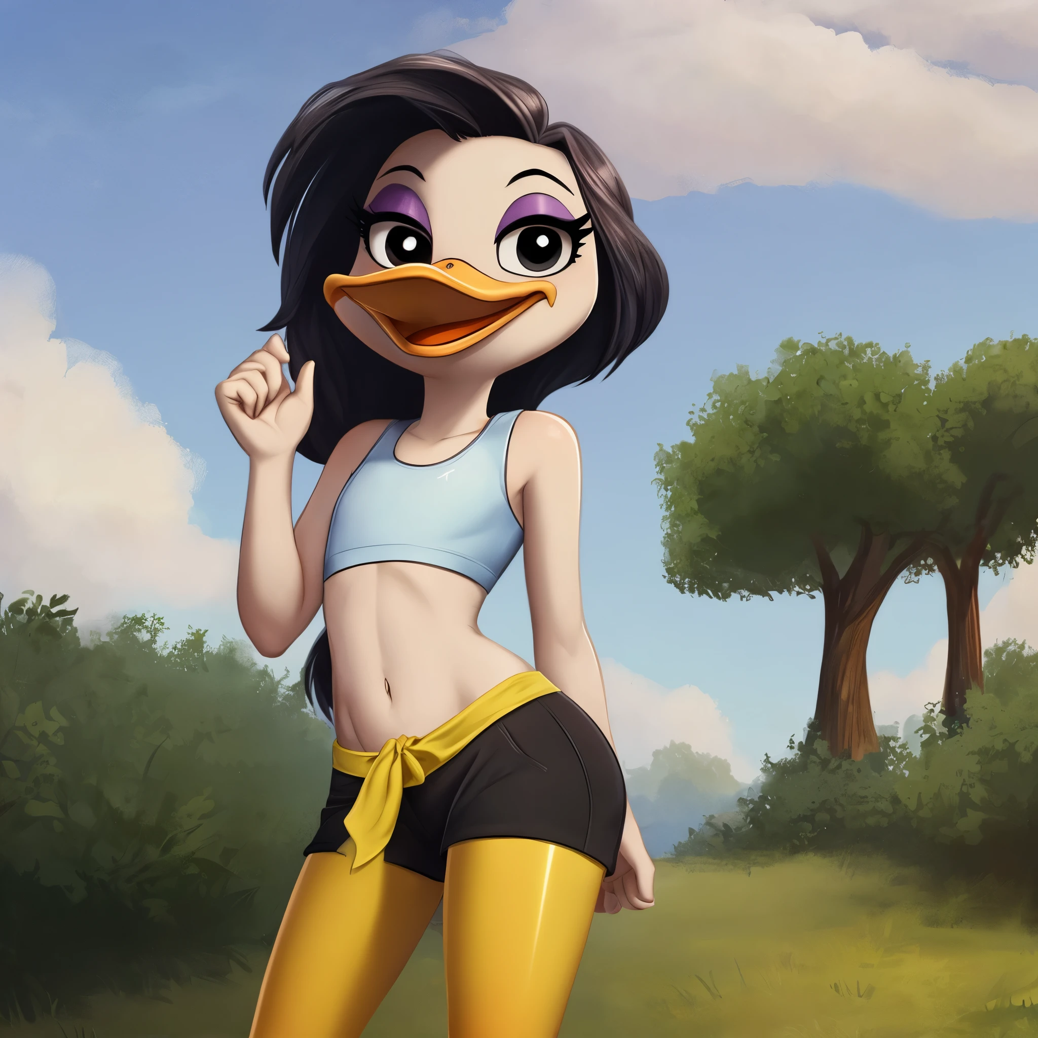 April Duck, female, white long hair, (yellow legs: 1.4), short duck beak, wears grey sports bra, tight grey shorts, happy, smiling, (detailed white skin 1.3), (flat chested), eyeshadow, black eyes, scut tail, cartoon (ducktales: 1.2), 10k hd, Best detail,  eyeliner, beak, (detailed torso 1.5) standing, solo:1.2, happy, smiling (lovable attitude), duck, beak, eyeliner, black eyes, (outside), (looking at viewer), (sexy pose) (showing her torso at viewer)