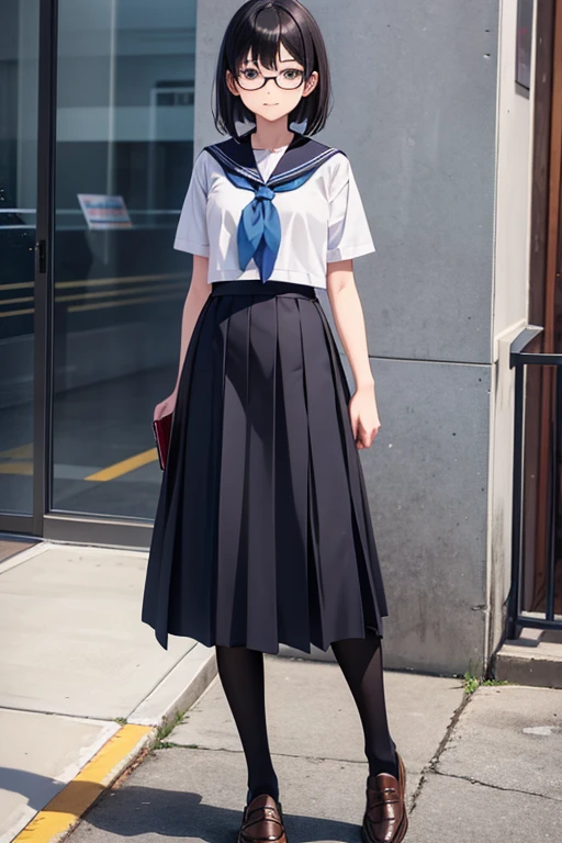 Anime Art、Full body portrait、high 、A well-built woman, about 175cm tall and about 18 years old, wearing a short-sleeved sailor uniform, walking with a book、Smiling、Hairstyle is medium、Black Hair、Glasses、Brown eyes、Flat chest、loafers、legs are thick、Long skirt that reaches down to the ankles、Black Pantyhose