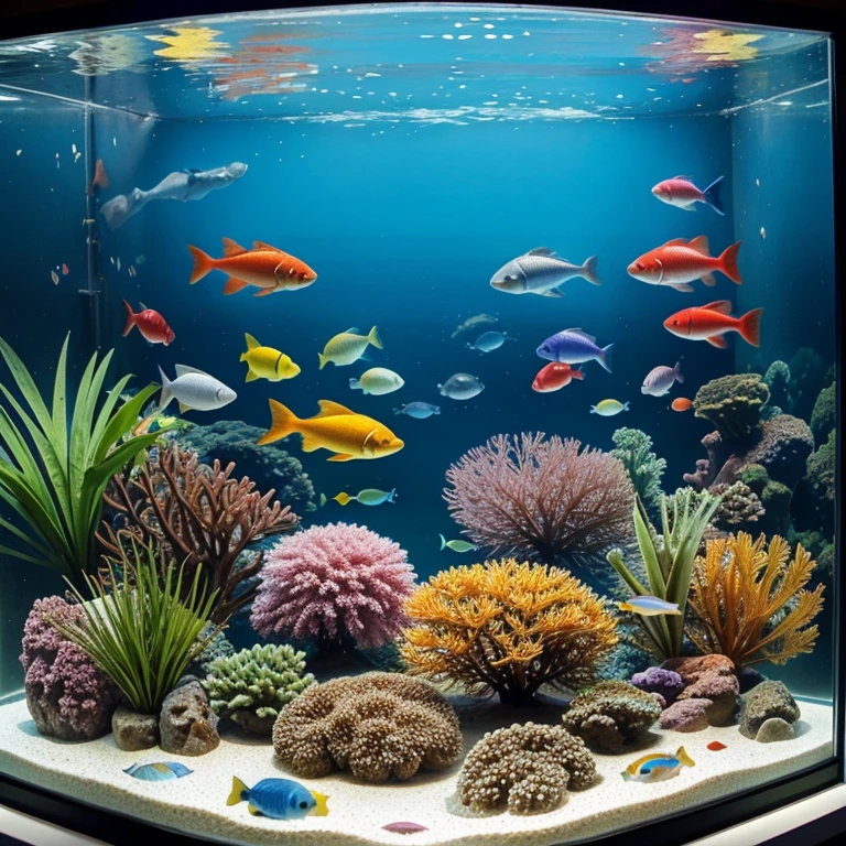 beautiful colorful fish swim in a glass aquarium , Amazed people stand around the aquarium and look at the fish