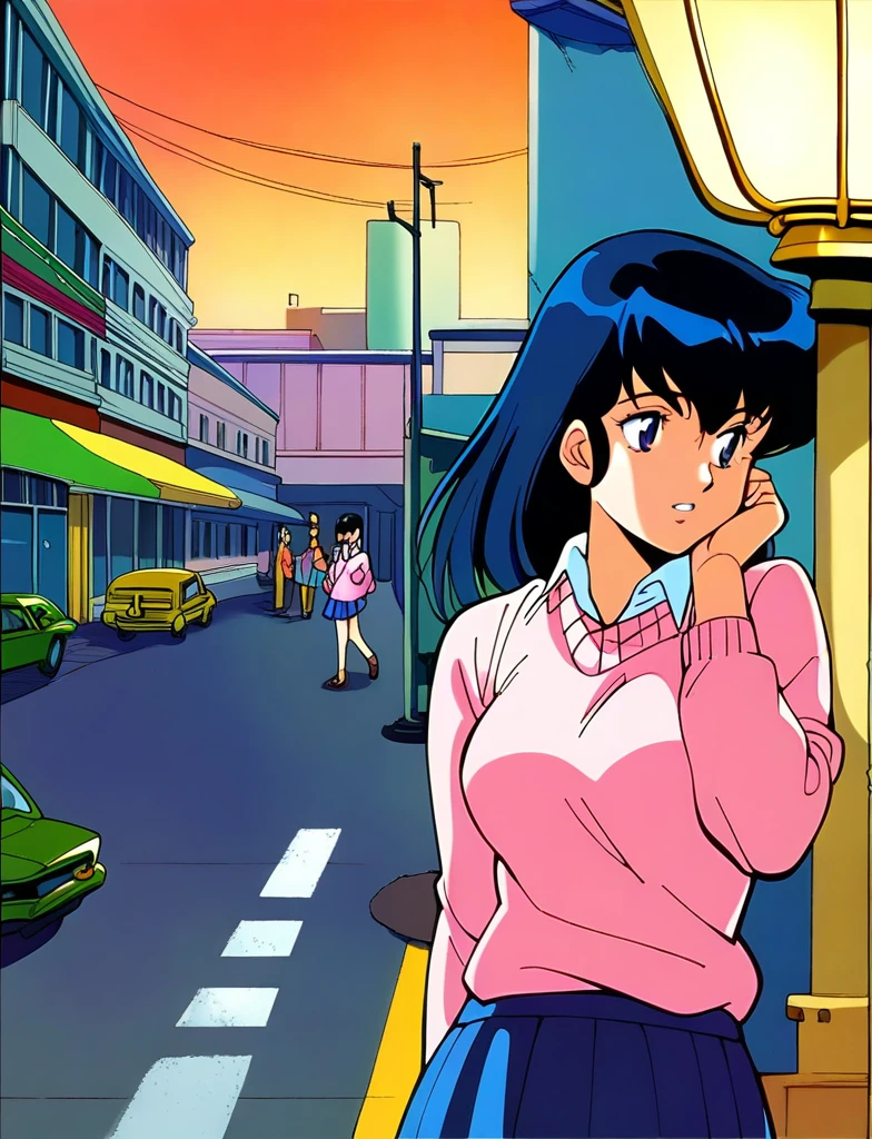 ,Kyoko,score_9,score_8_superior,score_7_superior,sauce_anime,One girl,alone,View your viewers,city,Streetscape of the 1980s,asphalt paved,paved,lamp post,force_line,Orange sky,evening,Pink Sweater,White collared shirt,length_skirt,blue skirt,cowboy_shot,Front view,kneel、face covered in semen、Ecstatic expression、