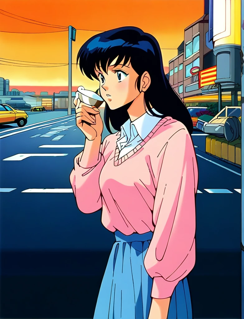 ,Kyoko,score_9,score_8_superior,score_7_superior,sauce_anime,One girl,alone,View your viewers,city,Streetscape of the 1980s,asphalt paved,paved,lamp post,force_line,Orange sky,evening,Pink Sweater,White collared shirt,length_skirt,blue skirt,cowboy_shot,Front view,kneel、face covered in semen、Ecstatic expression、