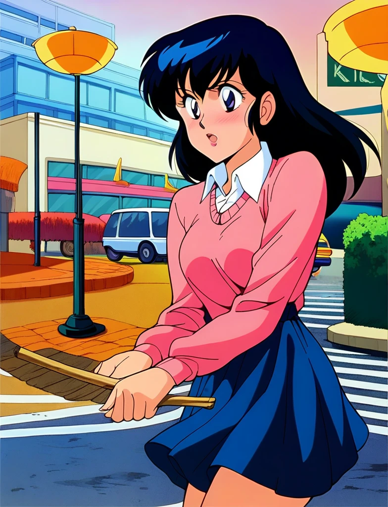 ,Kyoko,score_9,score_8_superior,score_7_superior,sauce_anime,One girl,alone,View your viewers,city,Streetscape of the 1980s,asphalt paved,paved,lamp post,force_line,Orange sky,evening,Pink Sweater,White collared shirt,length_skirt,blue skirt,cowboy_shot,Front view,kneel、face covered in semen、Ecstatic expression、