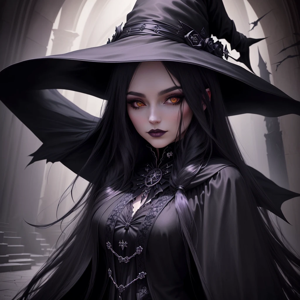 witch with long hair and a black hat posing for a picture, fashionable dark witch, gothic fantasy art, dark fantasy style art, fantasy dark art, beautiful witch female, portrait of a dark witch, dark witch, dark witch character, dark fantasy art, gothic maiden anime girl, fantasy art style, beautiful sorceress, beautiful necromancer girl, dark fantasy style