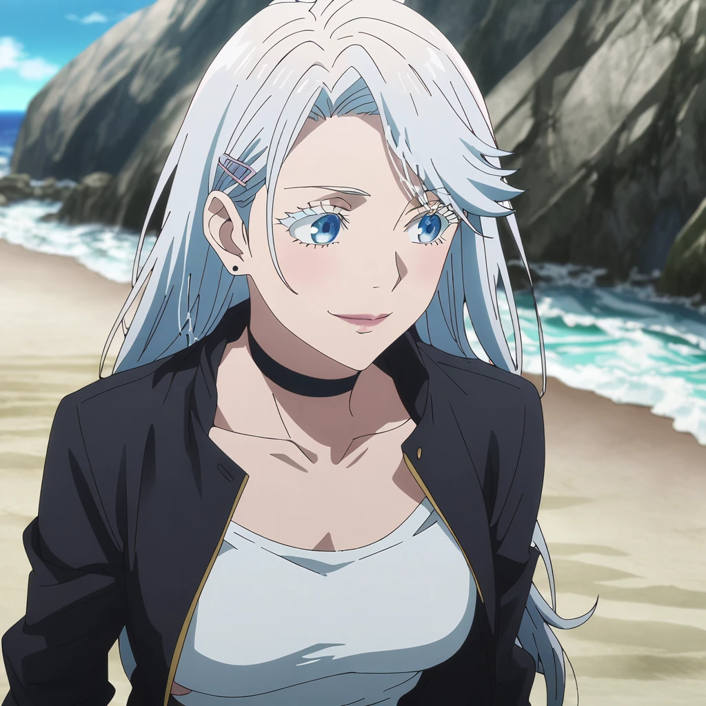 1girl, female gojo satoru, anime screencap from jujutsu kaisen, gojo satoru female version, solo, long_hair, blue eyes, ((white eyelashes)), ((white_hair)), beach view, ocean in background, breasts, upper_body, smile, swept bangs, blue_eyes, lips, (swept bangs) ((hairclip, earrings, black choker, collarbone, white shirt, black jacket, open clothes, torn pants, jeans,)) "very detailed and high resolution" (blue eyes) ((long hair)) ((solo)) ((high resolution)) ((full body)) ((Good quality)) ((high-resolution)) ((best quality)) ((animw screen cap))