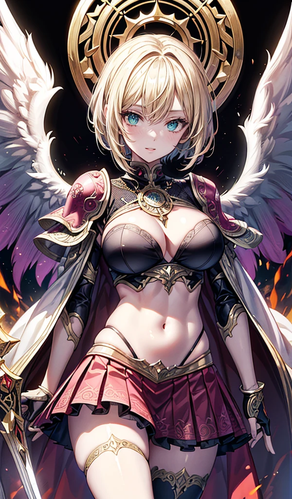 Please follow the all prompts below exactly and faithfully, This is a breathtaking masterpiece of digital illustration, with maximum resolution, UHD, 512K, 2160p, 10 million ppi, 300 million dpi, natural color tones, ultra sharp details, perfect outlines with contrast, ((smooth, soft and clearly and most realistic skin and hair texture)), most beautiful detailed eye features, perfect anatomically correct human body, beautiful background with depth, rule of thirds, depth of field, Maximize all element is used to its full potential to create the best digital illustrations, 1woman, sexy, 25years old, beautiful face sharp, elegant woman, Ultimate perfect body style, beautiful beautiful big breasts, Maximize upturned breasts, green eyes, shiny blonde hair, short hair, bob cut, (eyes visible through hair:1.3), glossy very thick lips, pink lipstick, smile:1.5, An angel with a radiant halo and broad, ethereal wings in a powerful motion. The angel is adorned in a bright, intricately designed skirt with vibrant patterns. The outfit consists of over 20 detailed features, including divine symbols, glowing patterns, and ornate armor. The angel is equipped with a sacred weapon, adding to its magnificent presence.A demon with long, spiraled horns and dark, membranous wings in a powerful motion. The demon is adorned in a bright, intricately designed skirt with vibrant patterns. The outfit consists of over 20 detailed features, including flame-like designs, magical glyphs, and ornate armor. The demon is equipped with a formidable weapon, adding to its terrifying presence.